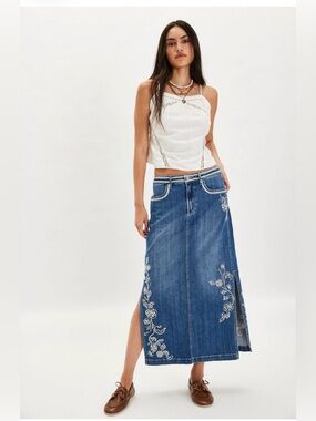 Free People x DRIFTWOOD Blue Embroidered Denim Midi Maxi Skirt